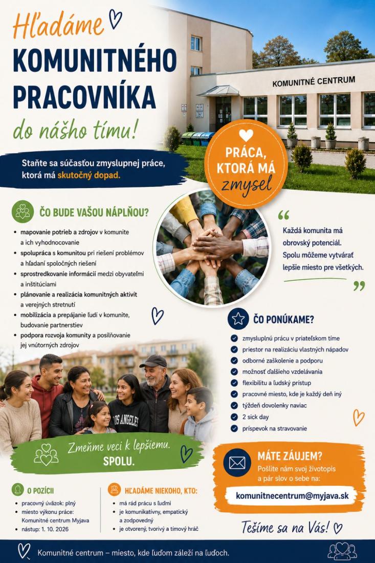 Výberové konanie na jedno pracovné miesto komunitného pracovníka KC Výberové konanie na jedno pracovné miesto komunitného pracovníka KC